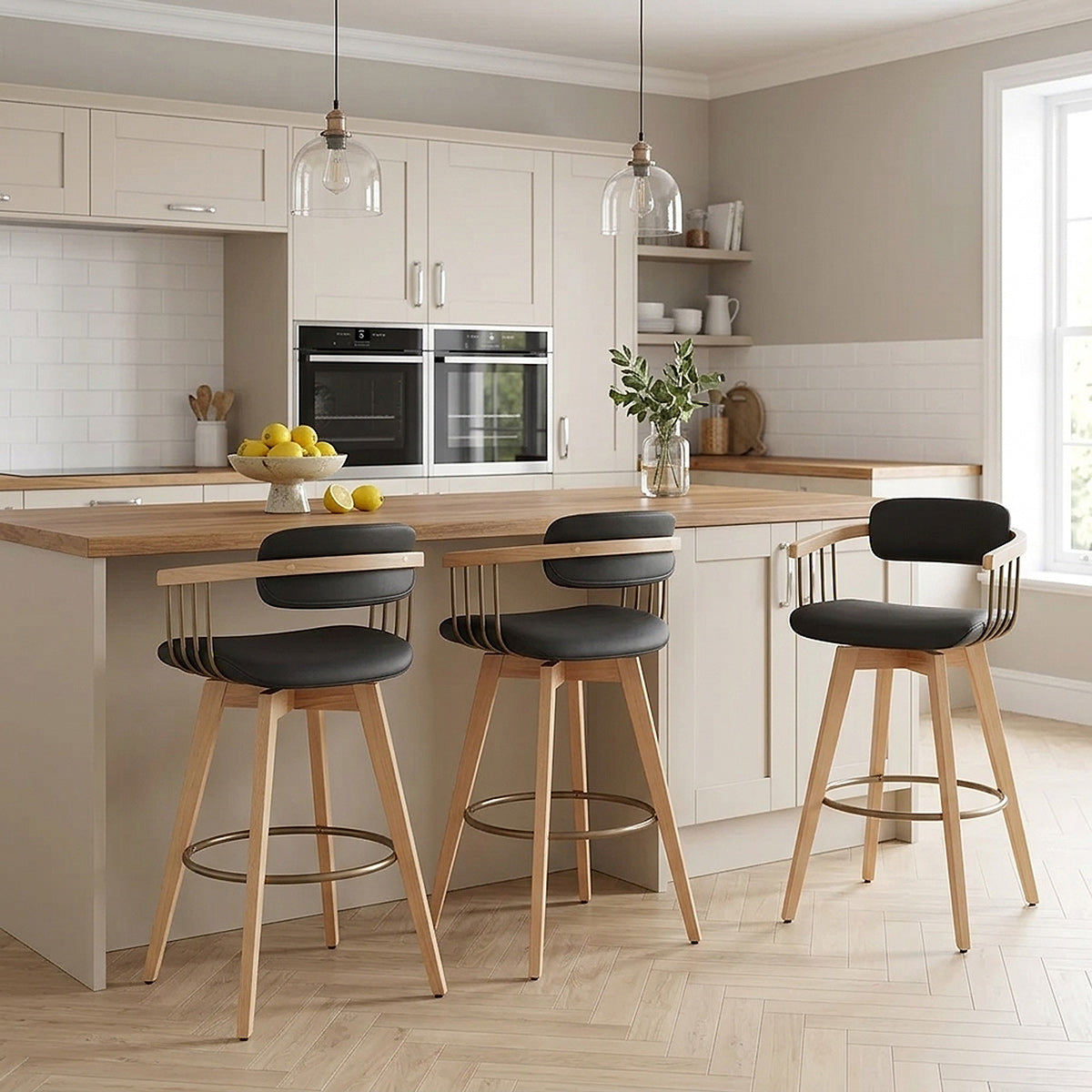 Electra Oak Real Leather Stool Black