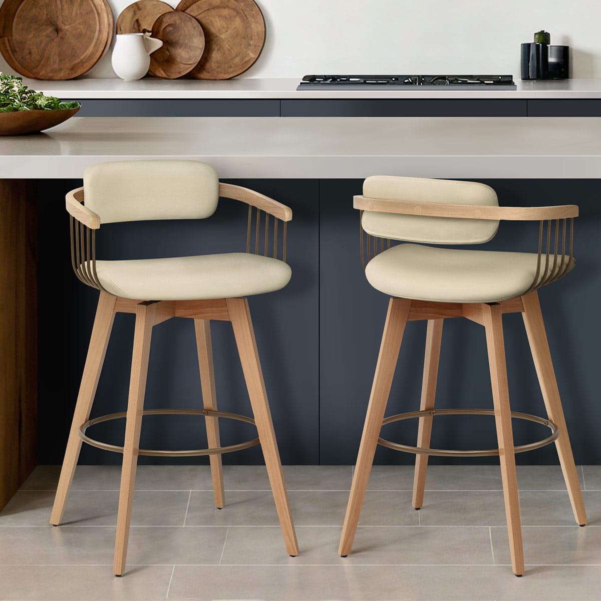 Electra Oak Real Leather Stool Cream