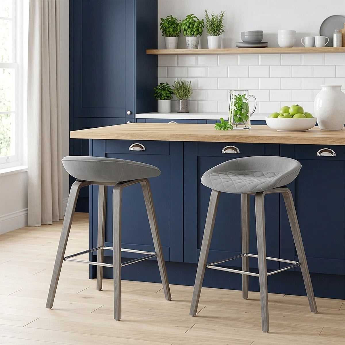 Epic Wooden Stool Grey Velvet