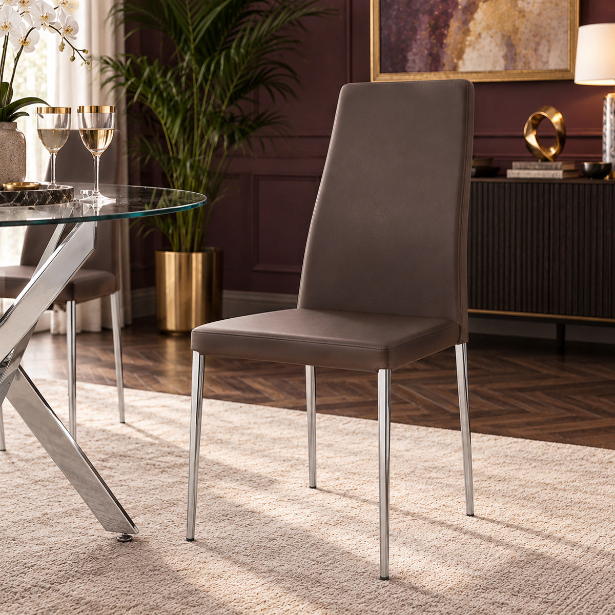 Faith Stackable Chrome Chair Brown Faux Leather