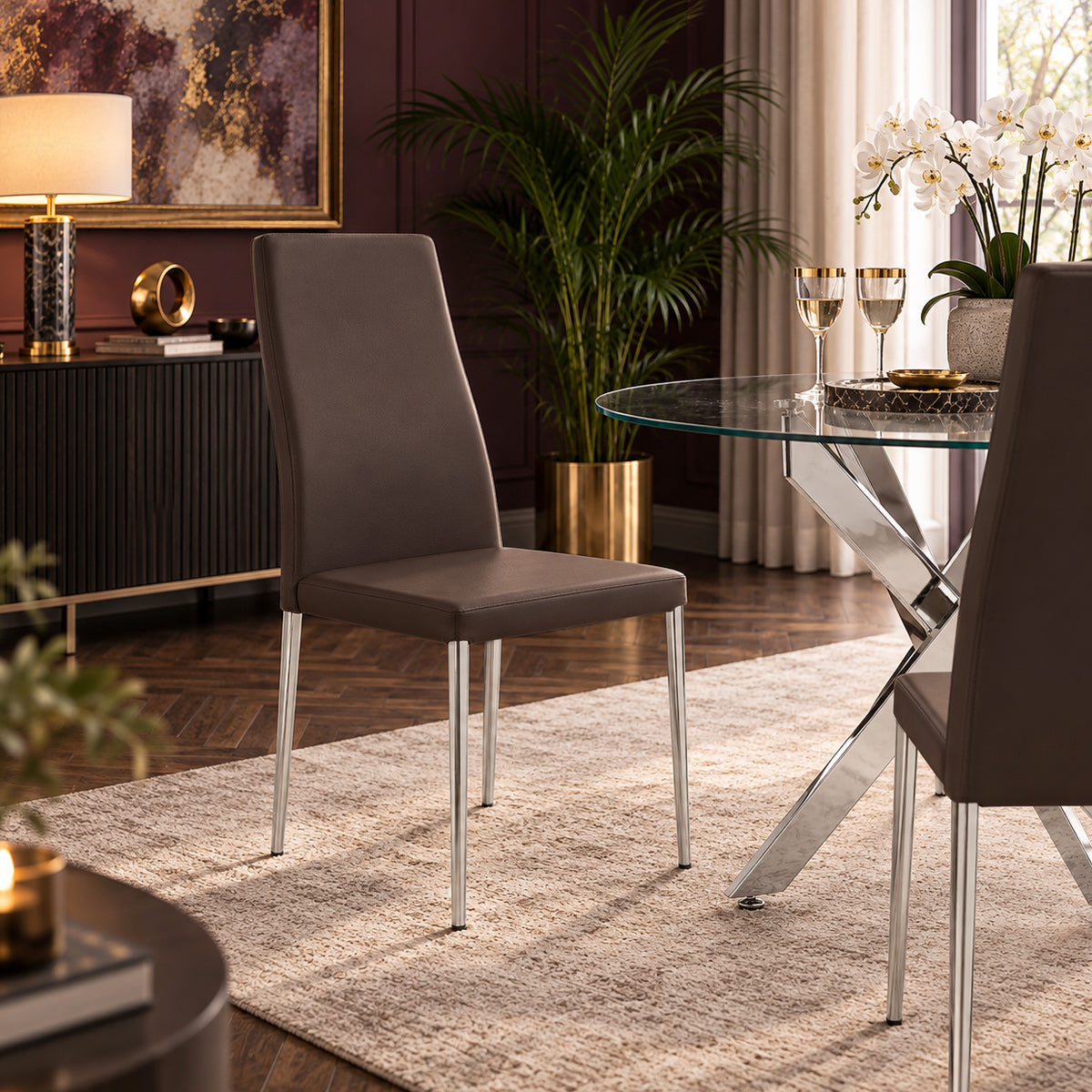 Faith Stackable Chrome Chair Brown Faux Leather