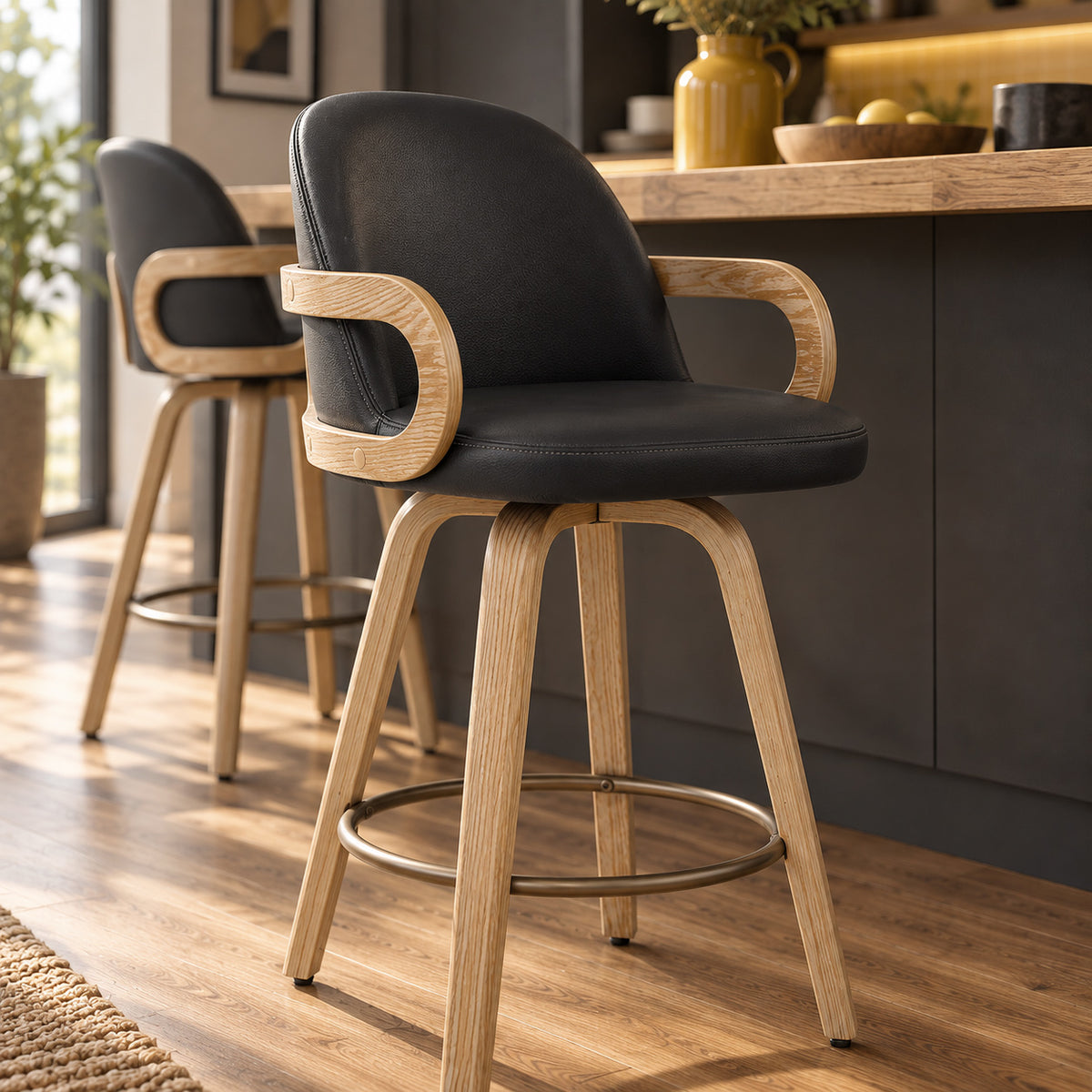 Franco Oak Bar Stool Black Real Leather