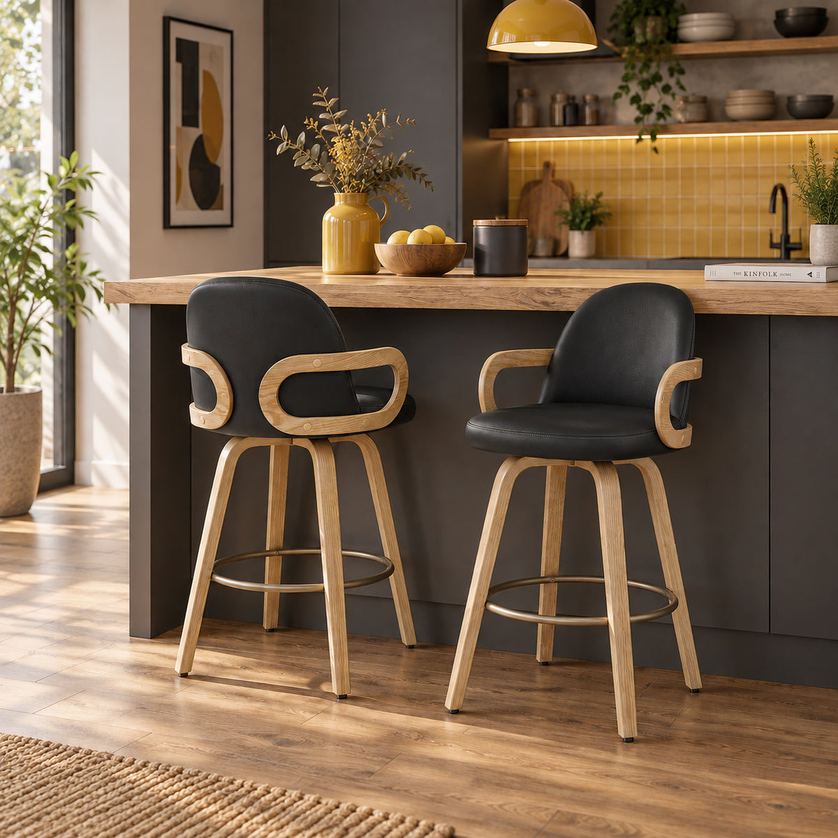 Franco Oak Bar Stool Black Real Leather