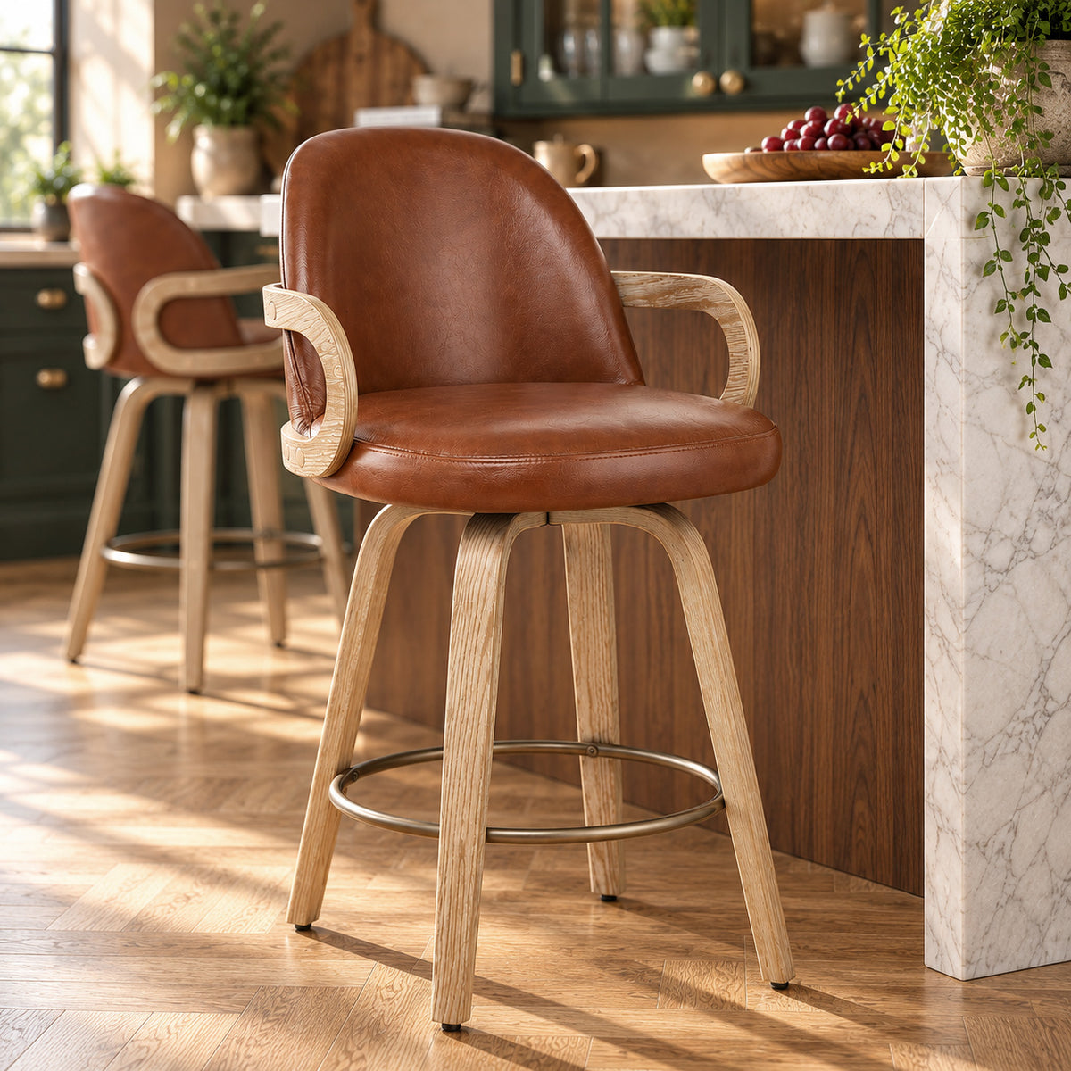 Franco Oak Bar Stool Brown Real Leather