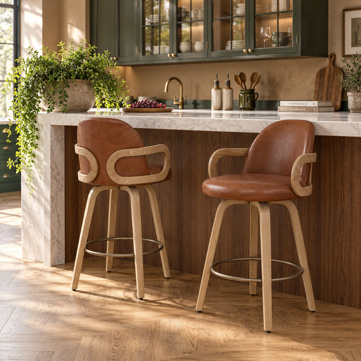 Franco Oak Bar Stool Brown Real Leather