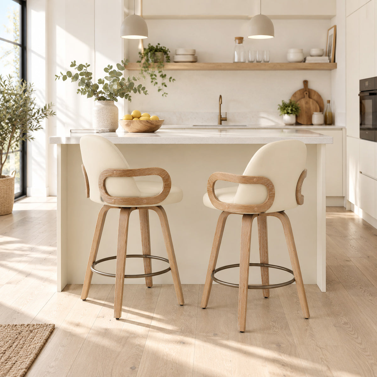 Franco Oak Bar Stool Cream Real Leather