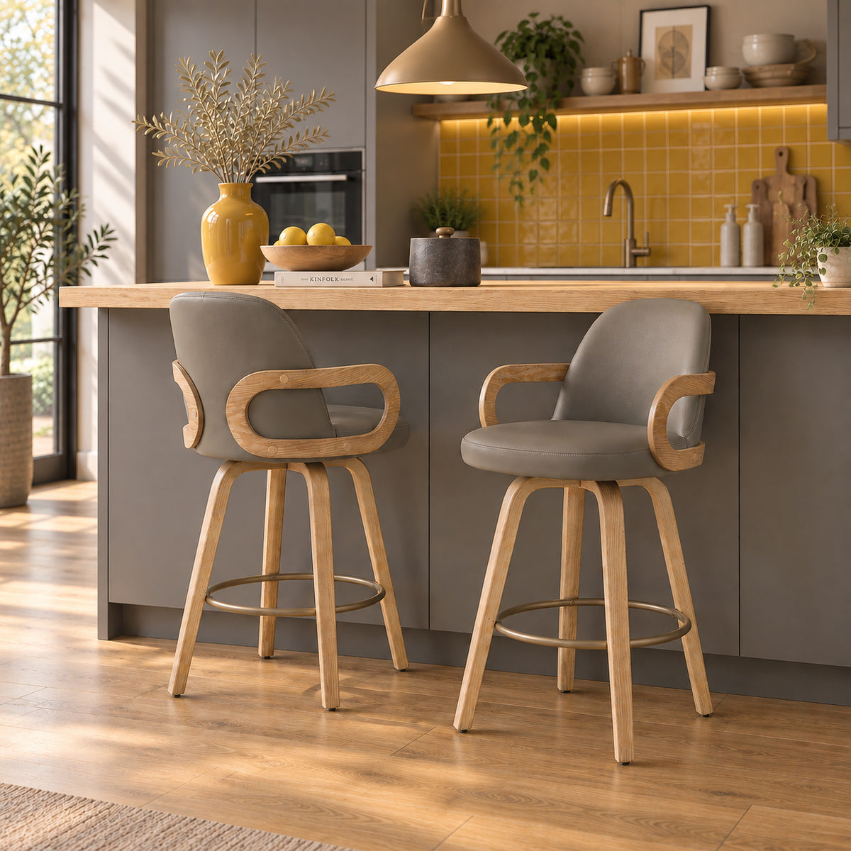 Franco Oak Bar Stool Grey Real Leather