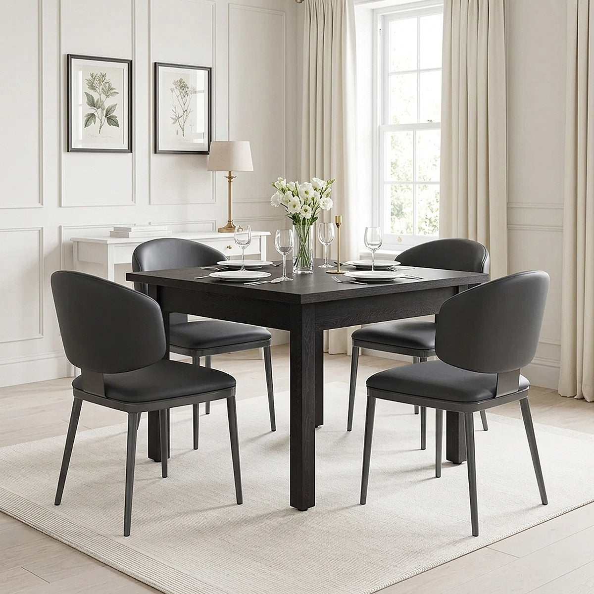 Geneva 100cm Black Square Table & 4 Elton Graphite Faux Leather Chairs Dining Set