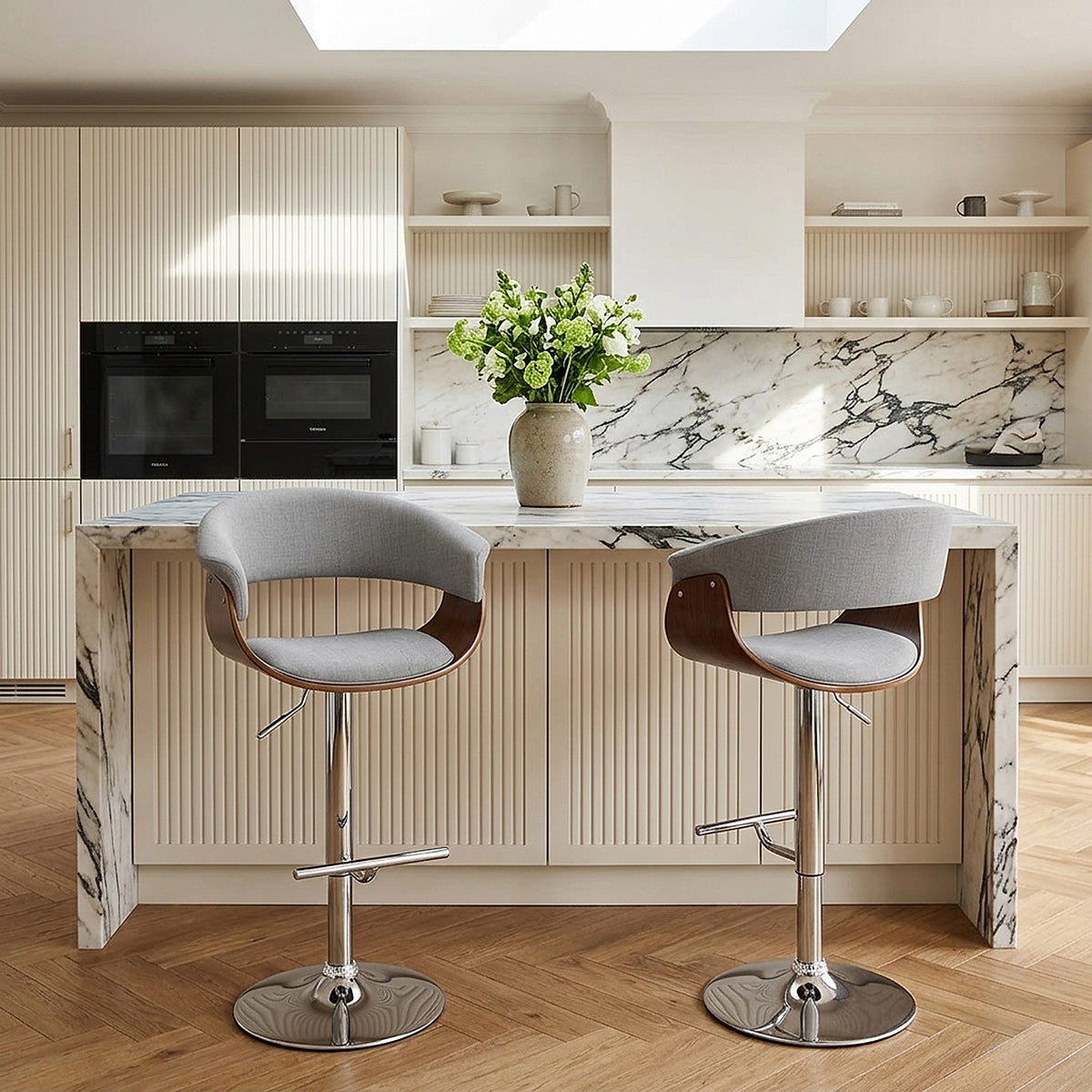 Grafton Stool Walnut & Grey Fabric
