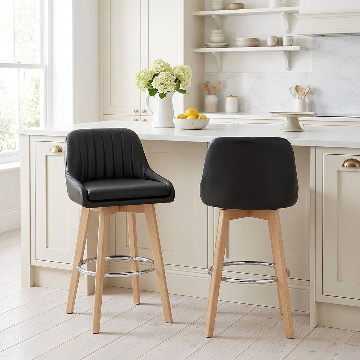 Hamilton Bar Stool Oak & Black Real Leather