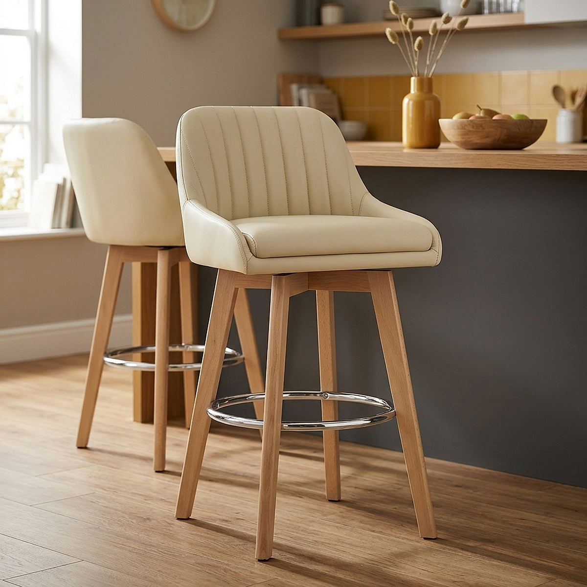 Hamilton Bar Stool Oak & Cream Real Leather