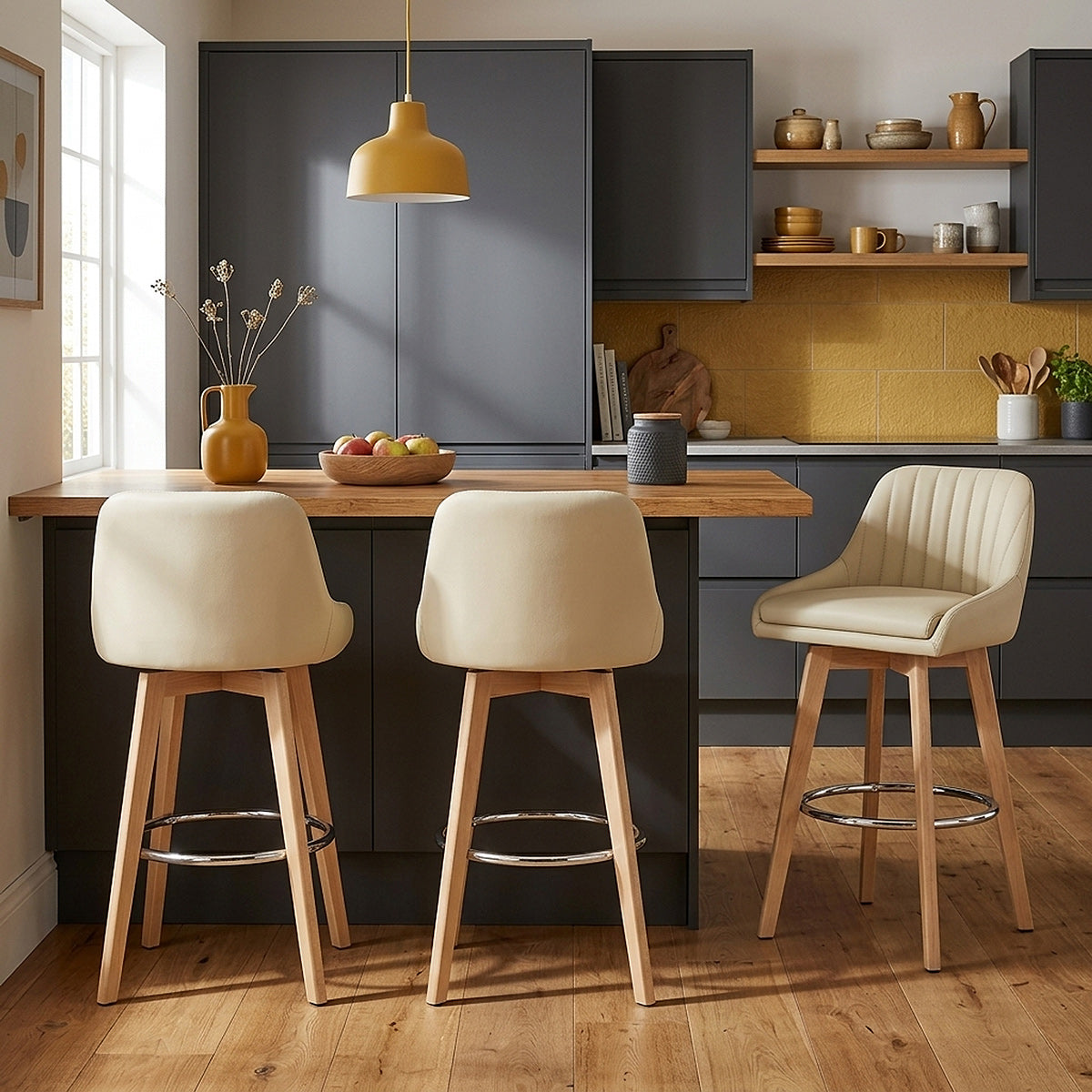 Hamilton Bar Stool Oak & Cream Real Leather