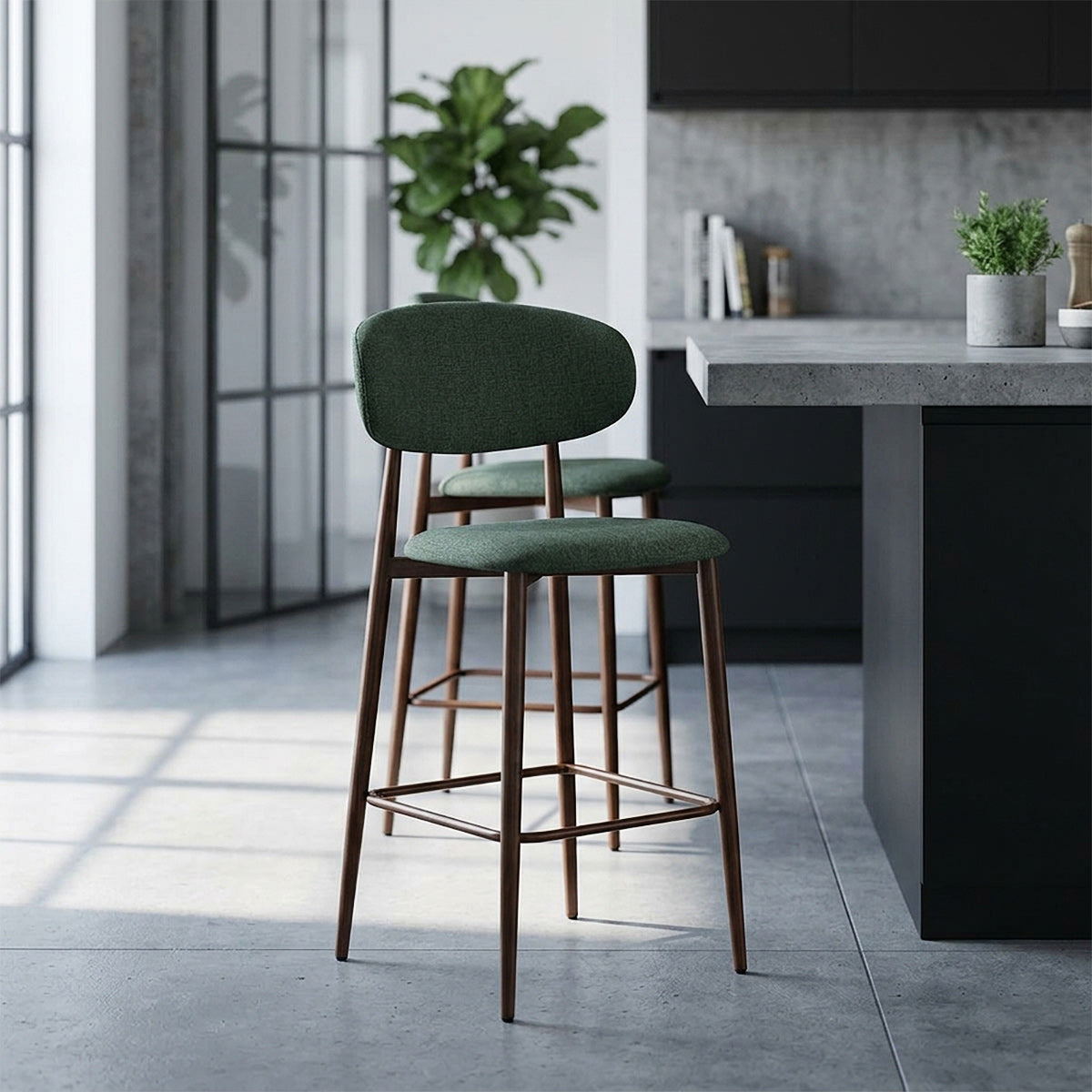 Harrow Walnut Bar Stool Green Fabric