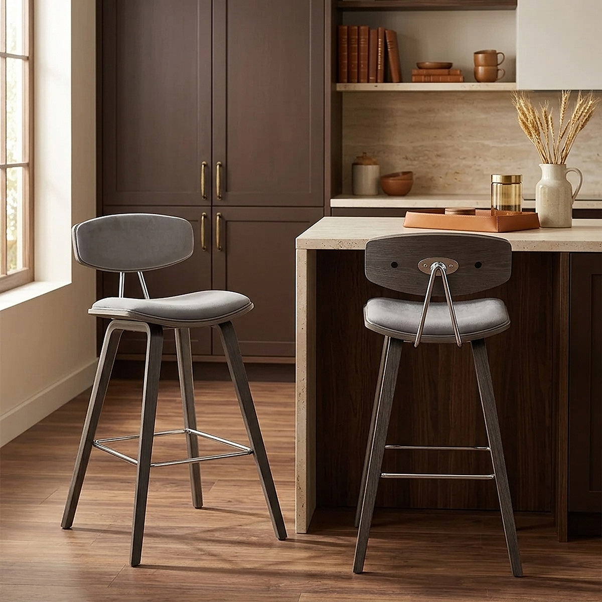 Henley Wooden Stool Grey Velvet