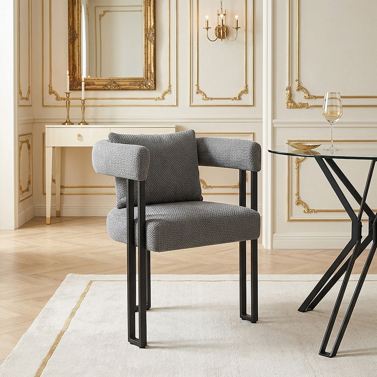 Hero 100cm Black Round Glass Table & 4 Gigi Fabric Chairs Dining Set