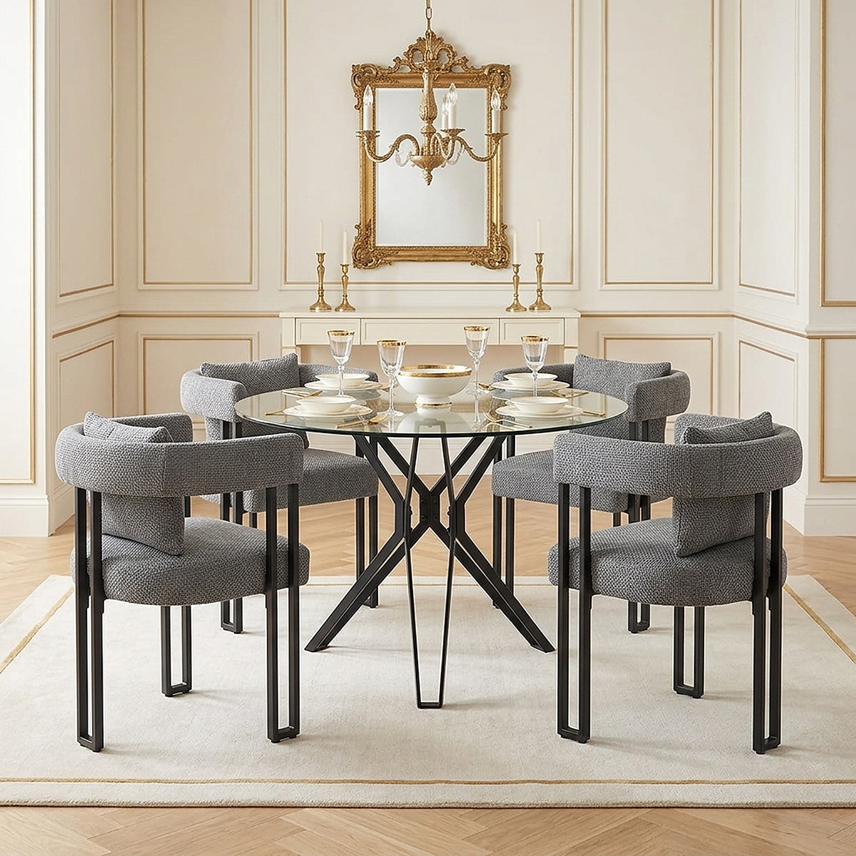 Hero 100cm Black Round Glass Table & 4 Gigi Fabric Chairs Dining Set