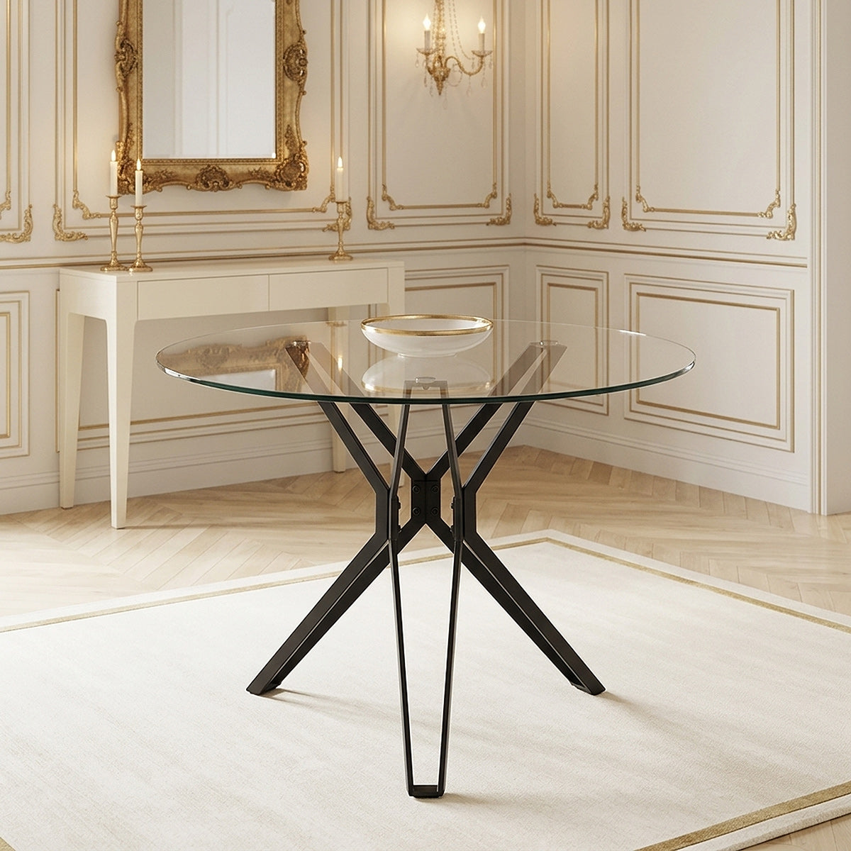 Hero 100cm Black Round Glass Table & 4 Gigi Fabric Chairs Dining Set
