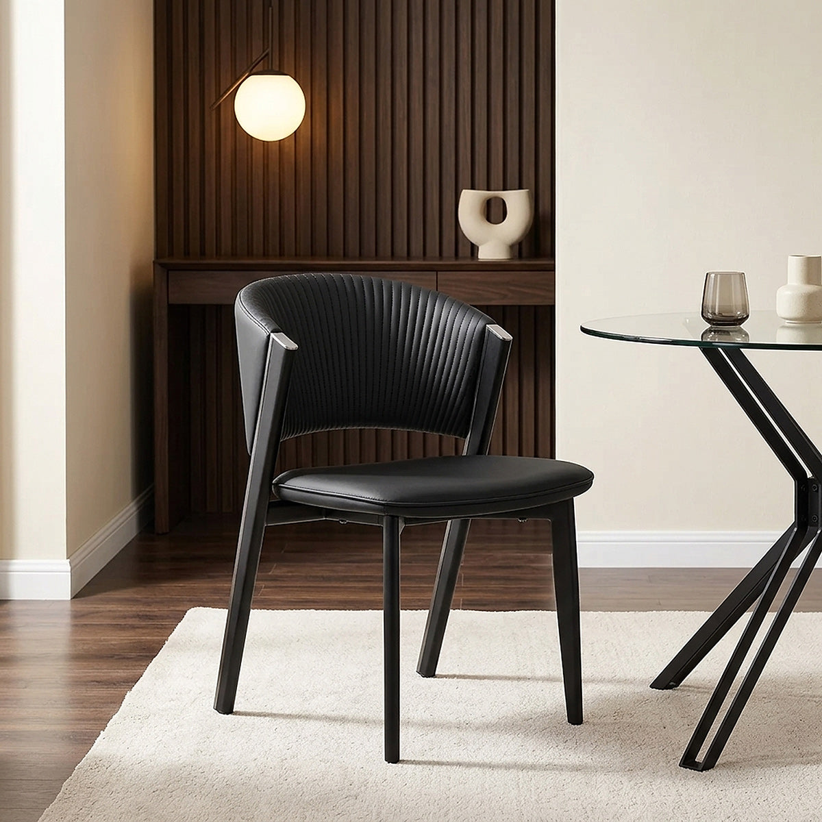 Hero 100cm Black Round Glass Table & 4 Mollie Faux Leather Chairs Dining Set