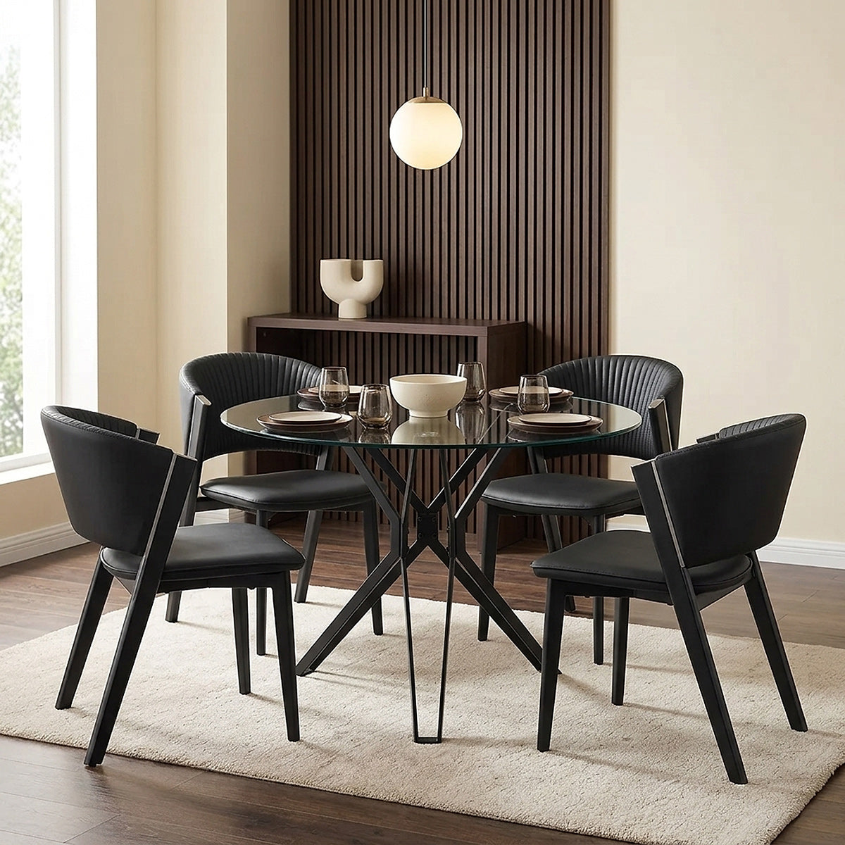 Hero 100cm Black Round Glass Table & 4 Mollie Faux Leather Chairs Dining Set
