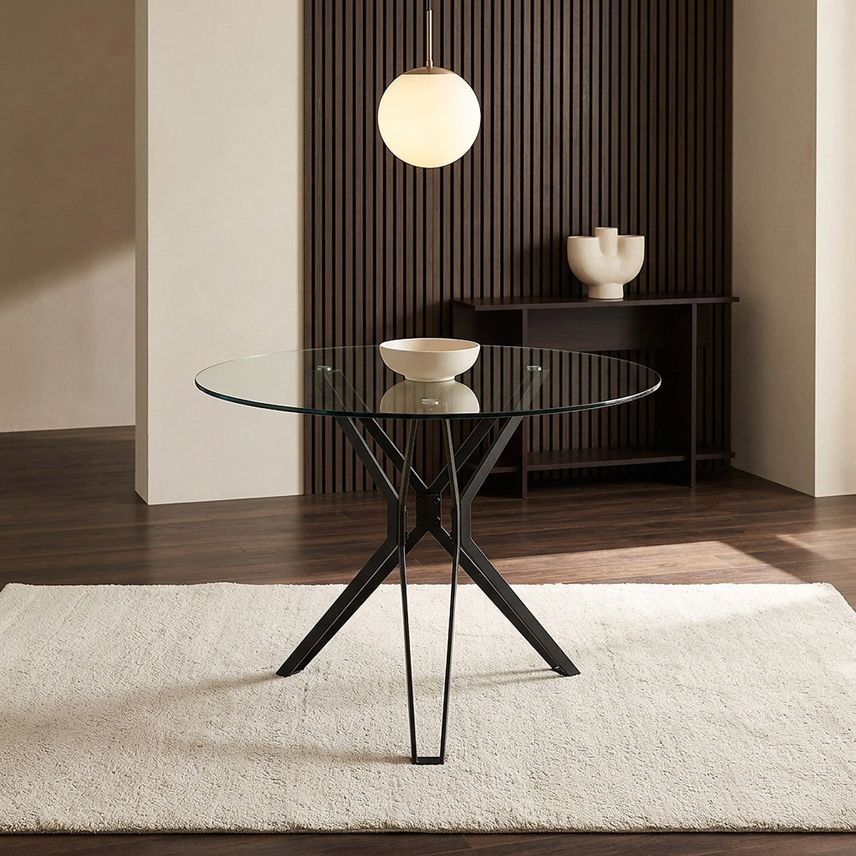 Hero 100cm Black Round Glass Table & 4 Mollie Faux Leather Chairs Dining Set