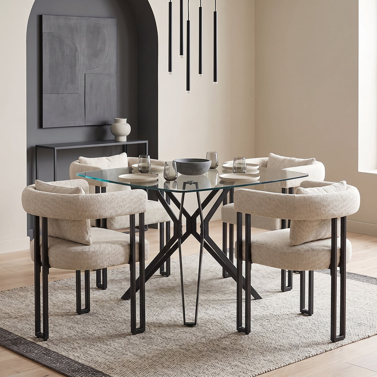 Hero 100cm Black Square Glass Table & 4 Gigi Fabric Chairs Dining Set