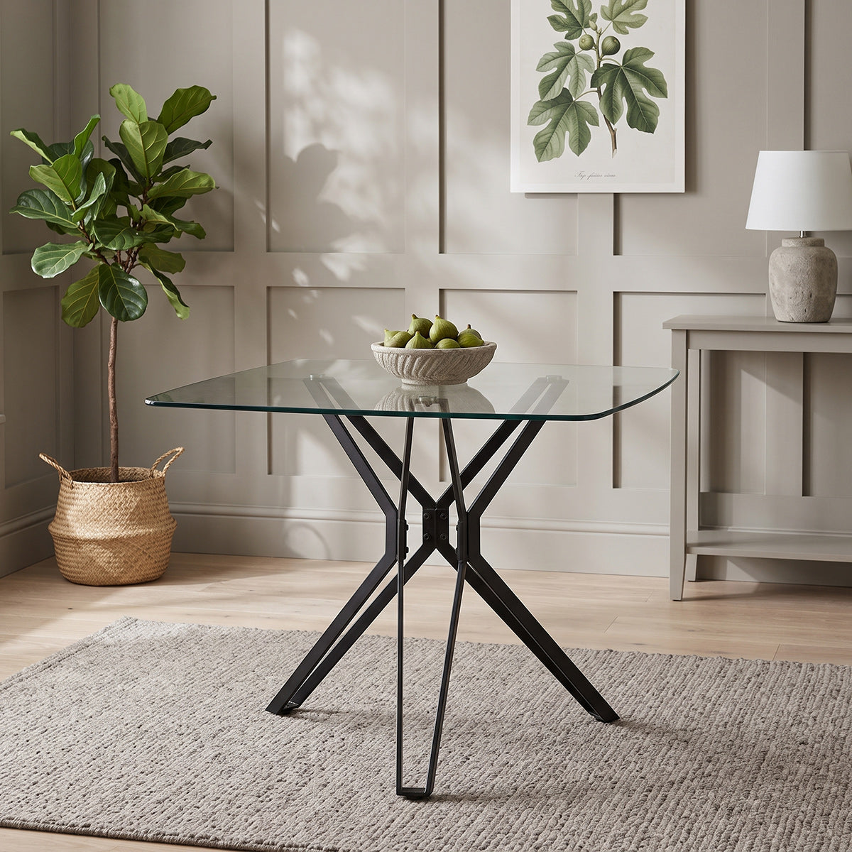 Hero 100cm Black Square Glass Table & 4 Gigi Fabric Chairs Dining Set