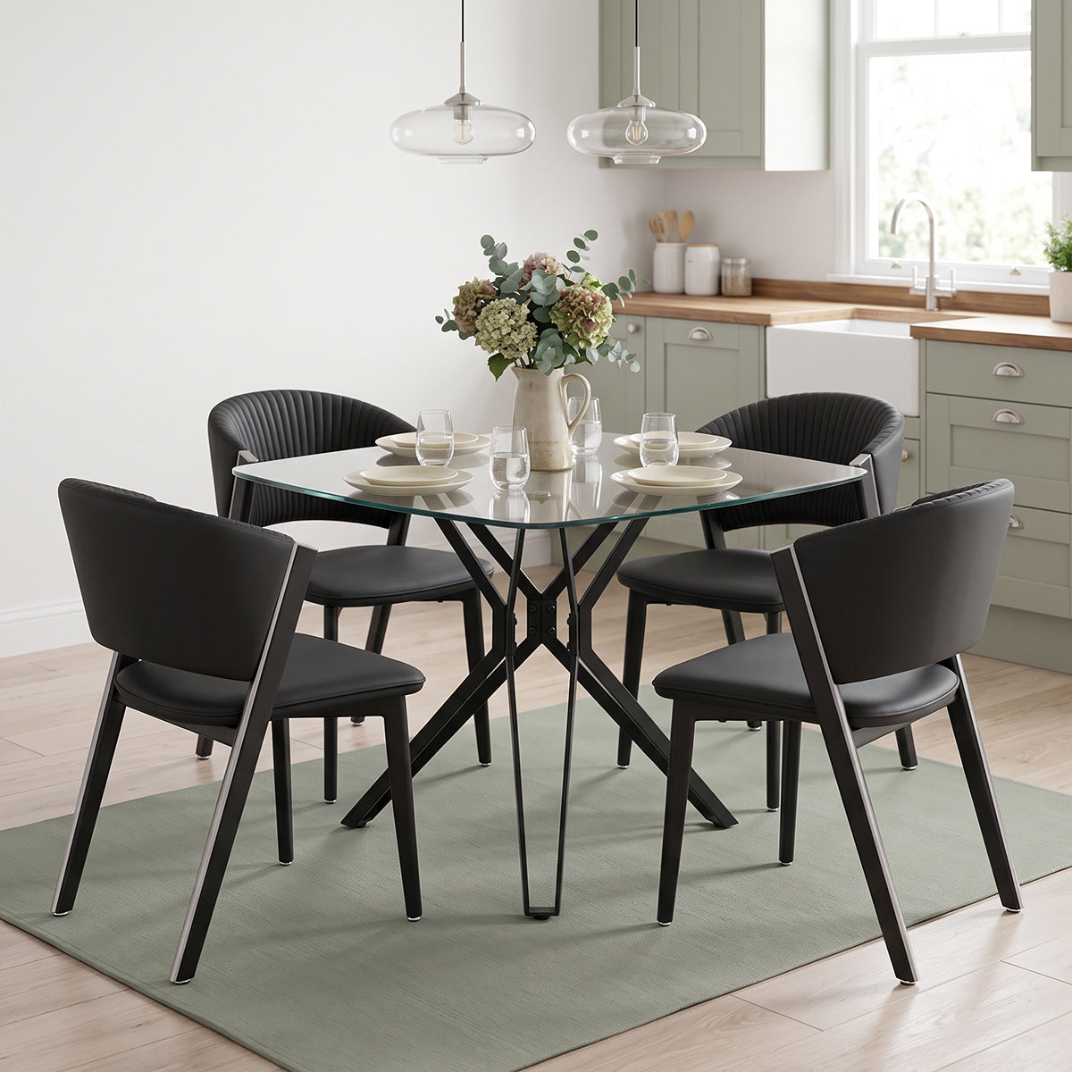 Hero 100cm Black Square Glass Table & 4 Mollie Faux Leather Chairs Dining Set