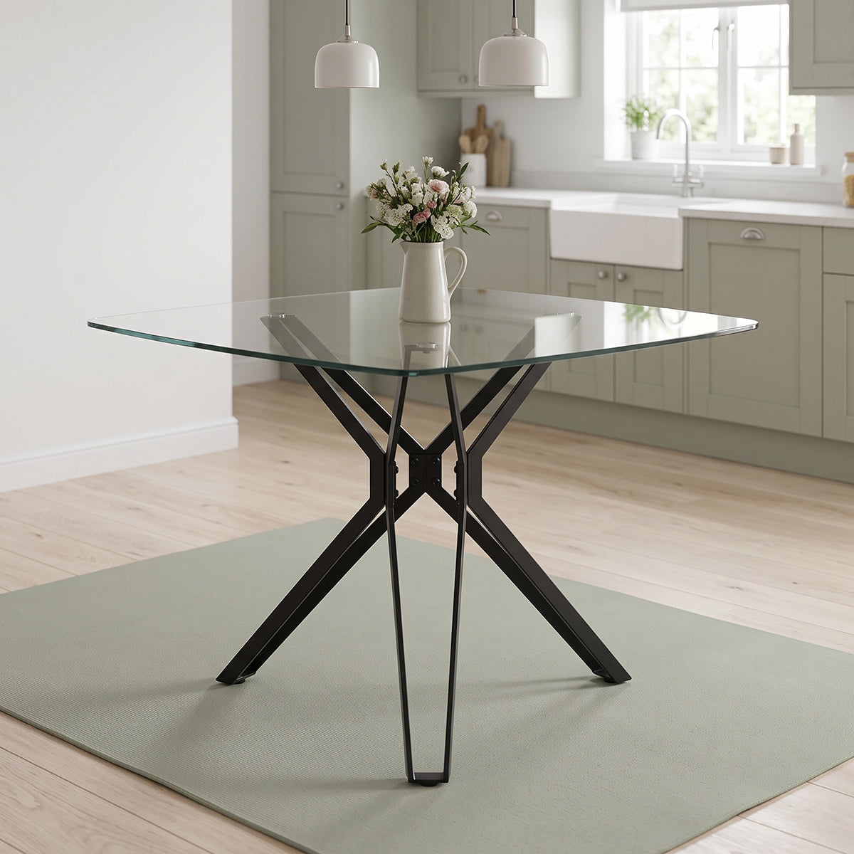 Hero 100cm Black Square Glass Table & 4 Mollie Faux Leather Chairs Dining Set