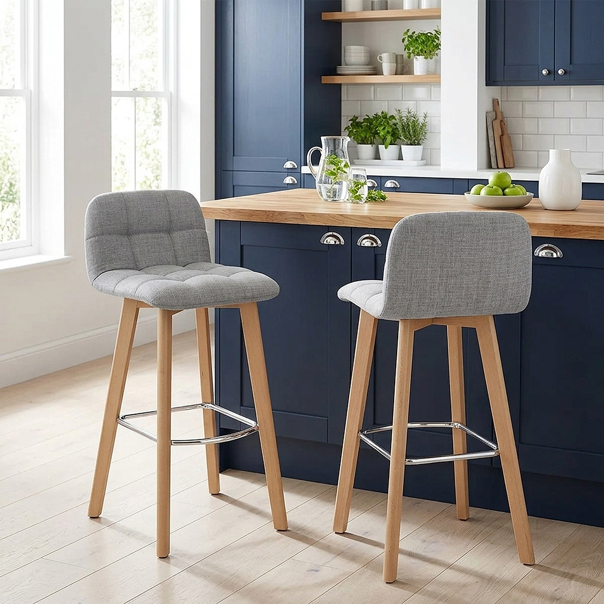 Hex Wooden Stool Grey Fabric