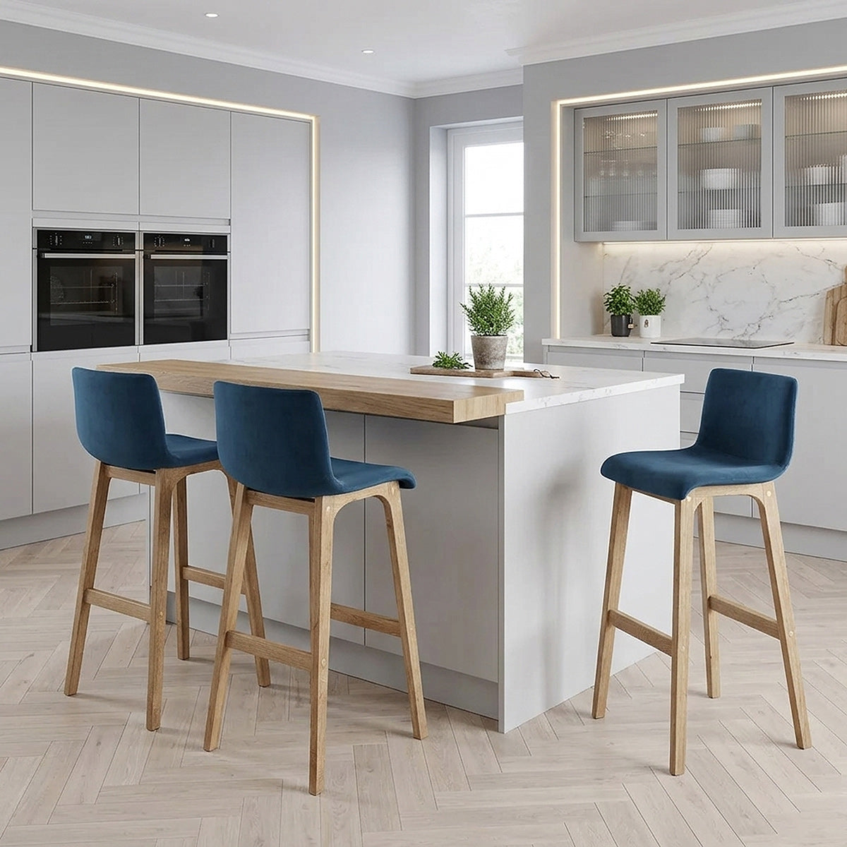 High Drift Oak & Blue Velvet Stool
