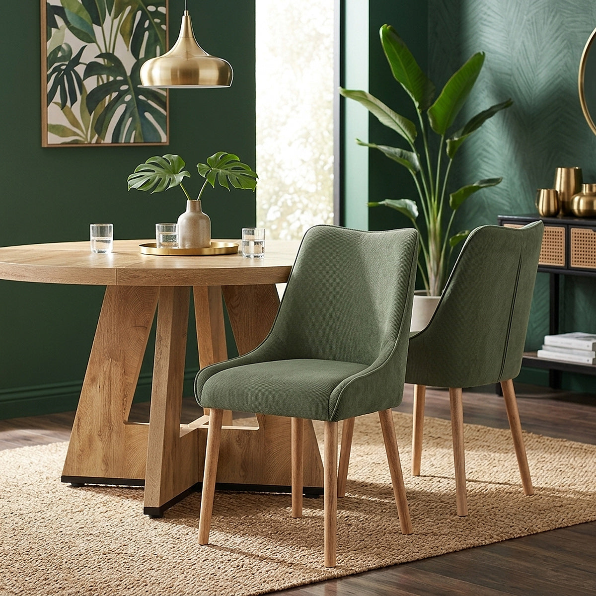 Isabella Oak Dining Chair Green Fabric