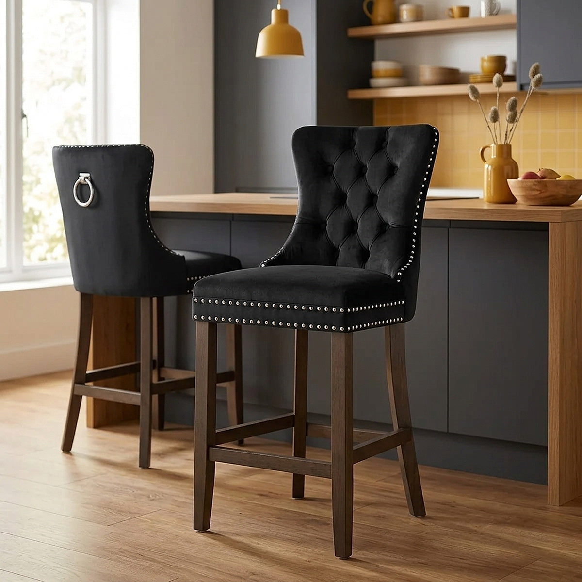 Kensington Wooden Stool Black Velvet