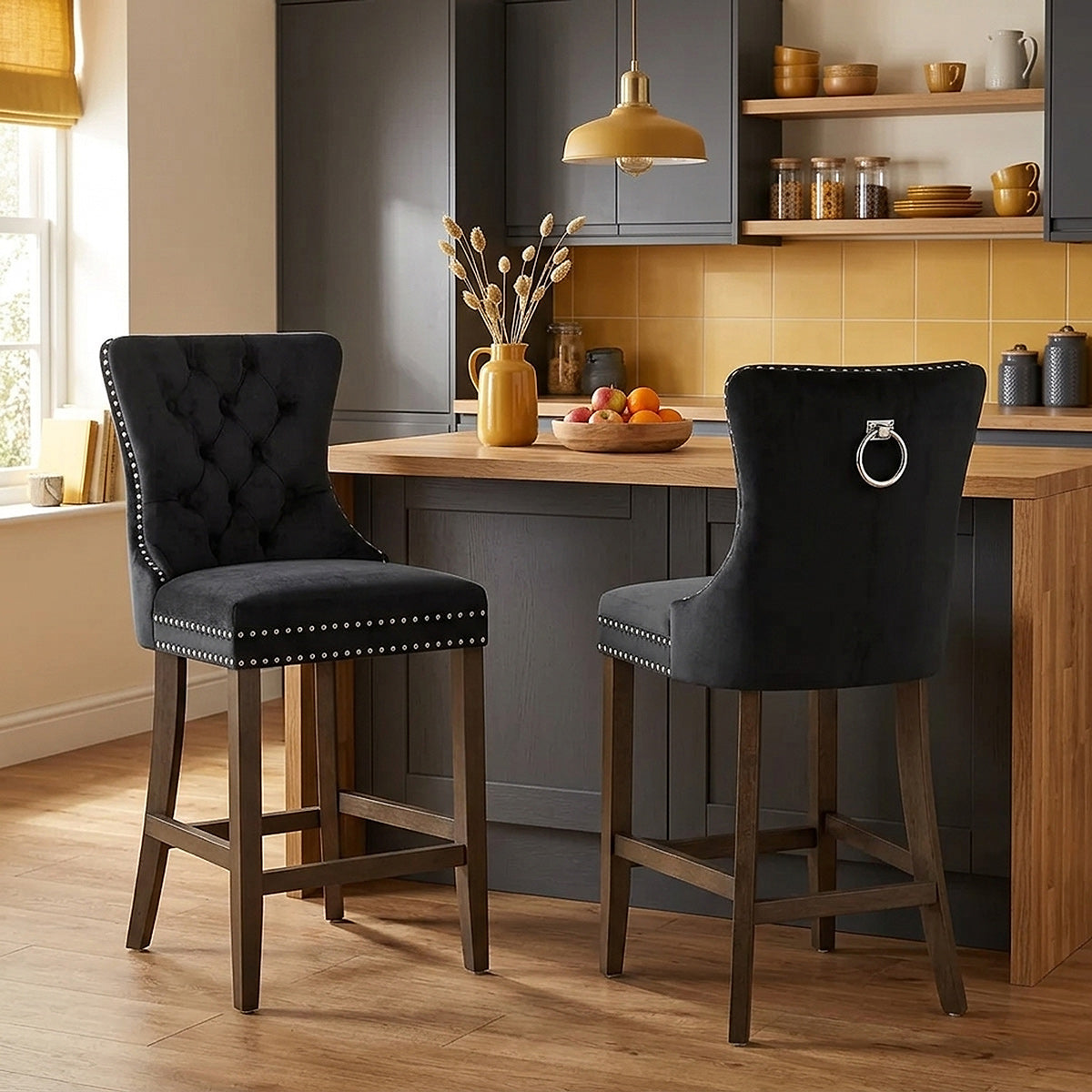 Kensington Wooden Stool Black Velvet