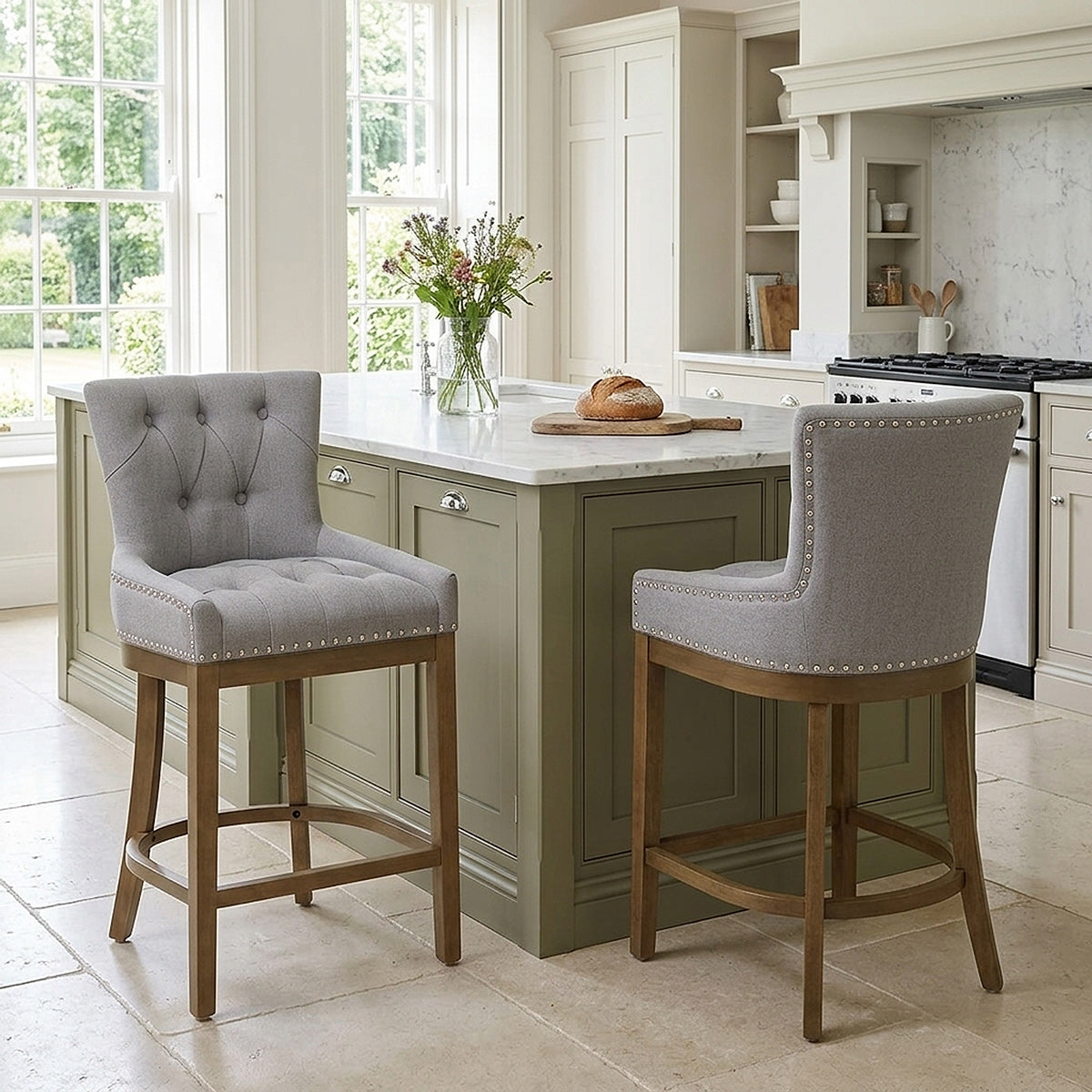 Knightsbridge Oak Stool Grey Fabric