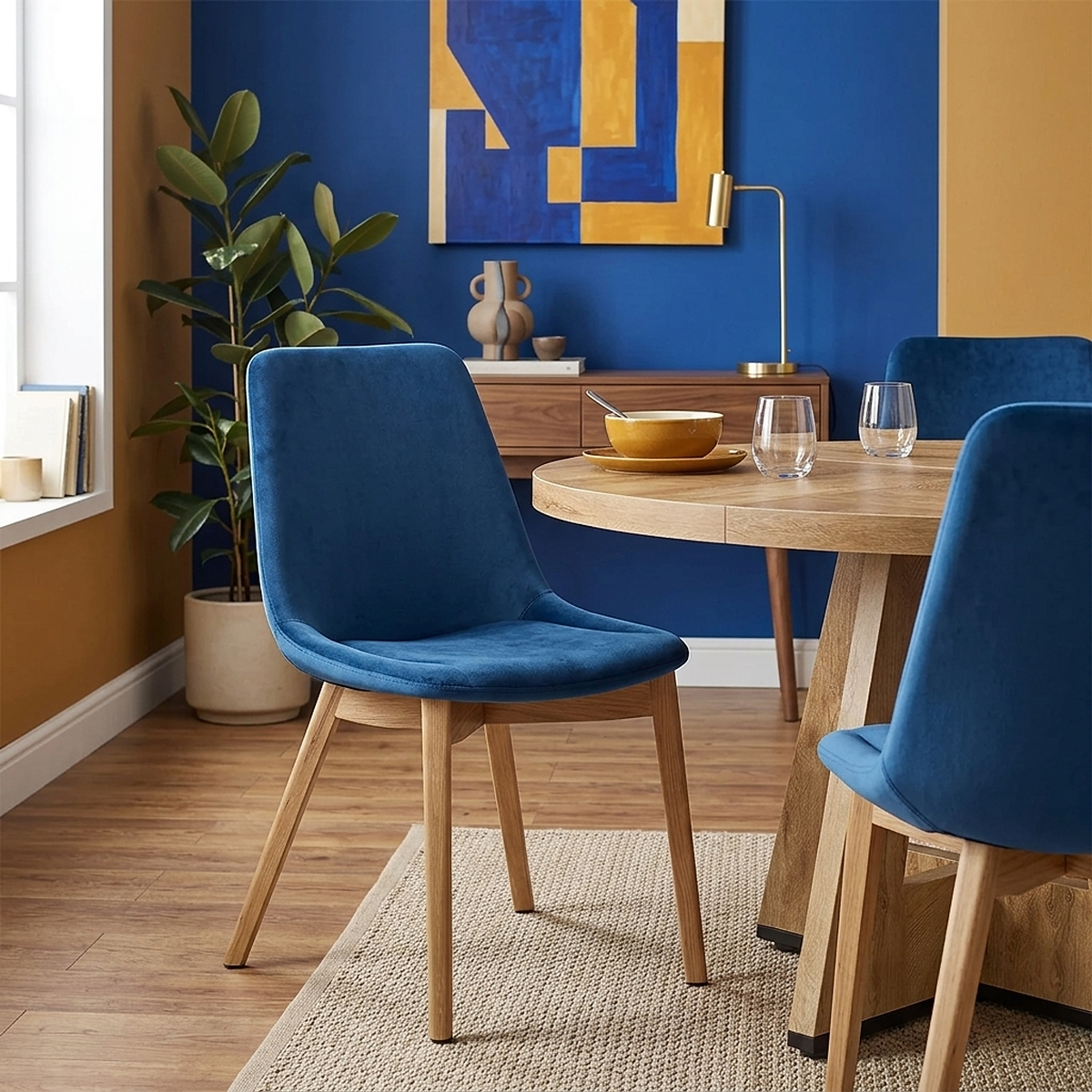 Kobe Dining Chair Oak & Blue Velvet