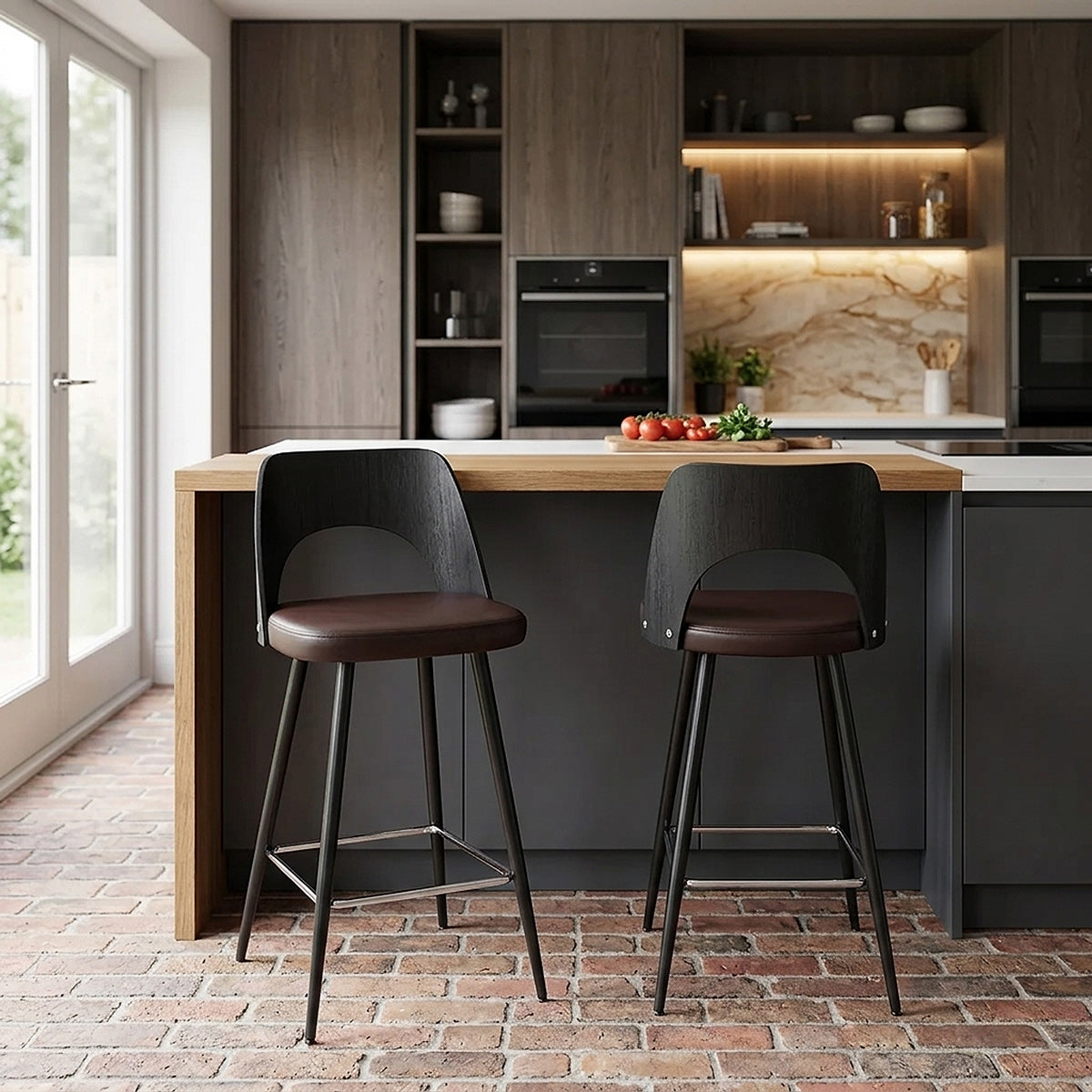Leo Bar Stool Black Wood & Brown