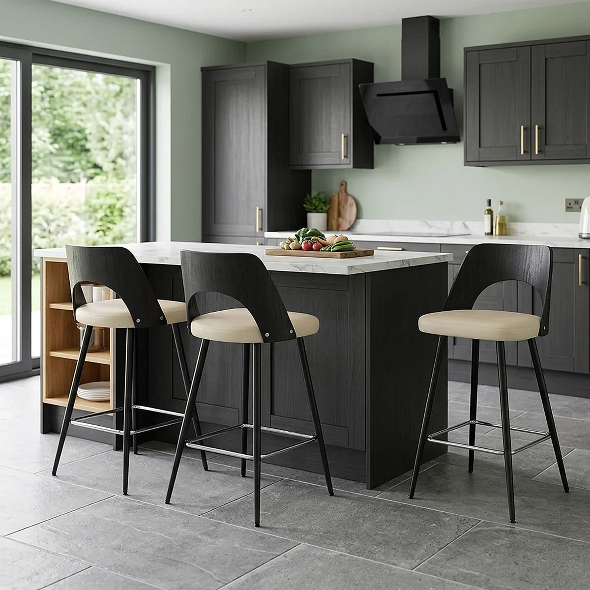 Leo Bar Stool Black Wood & Cream