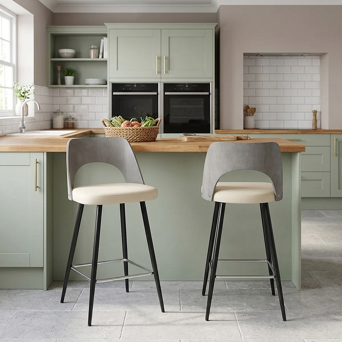 Leo Bar Stool Grey Wood & Cream
