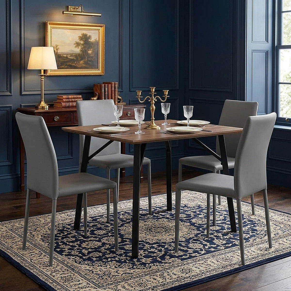 Lucas Oak Table & 4 Joshua Faux Leather Chairs Dining Set
