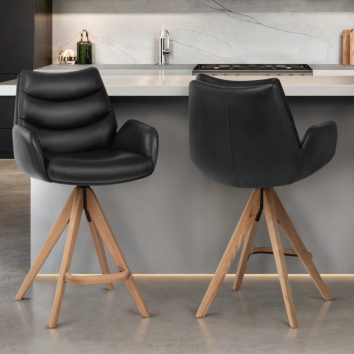 Madrid Real Leather Wooden Stool Black