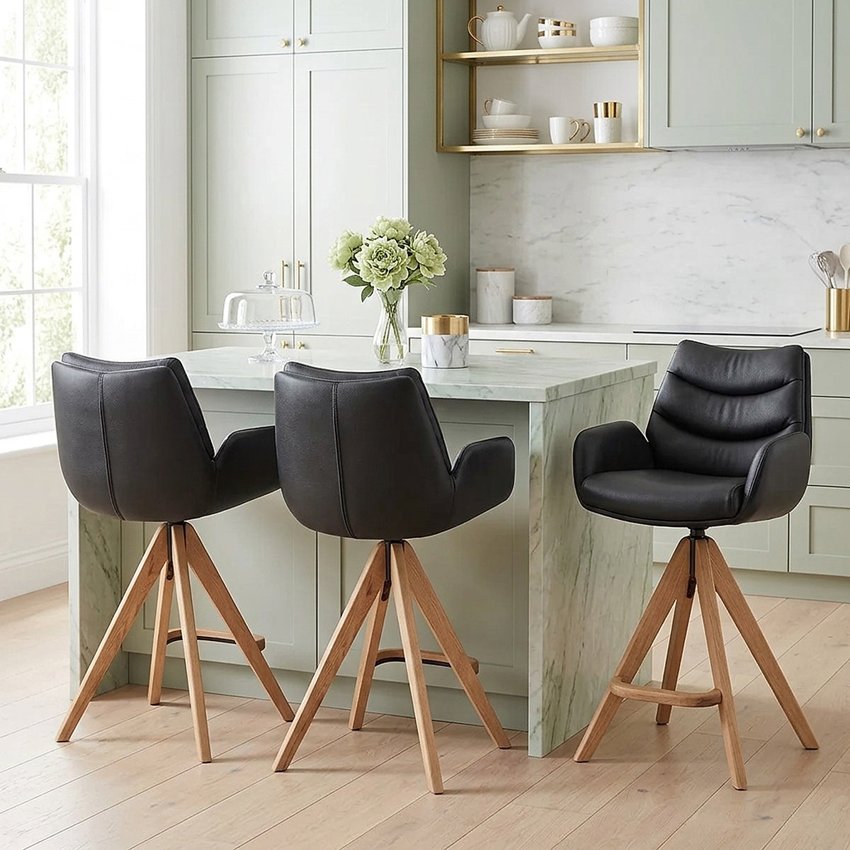 Madrid Real Leather Wooden Stool Black