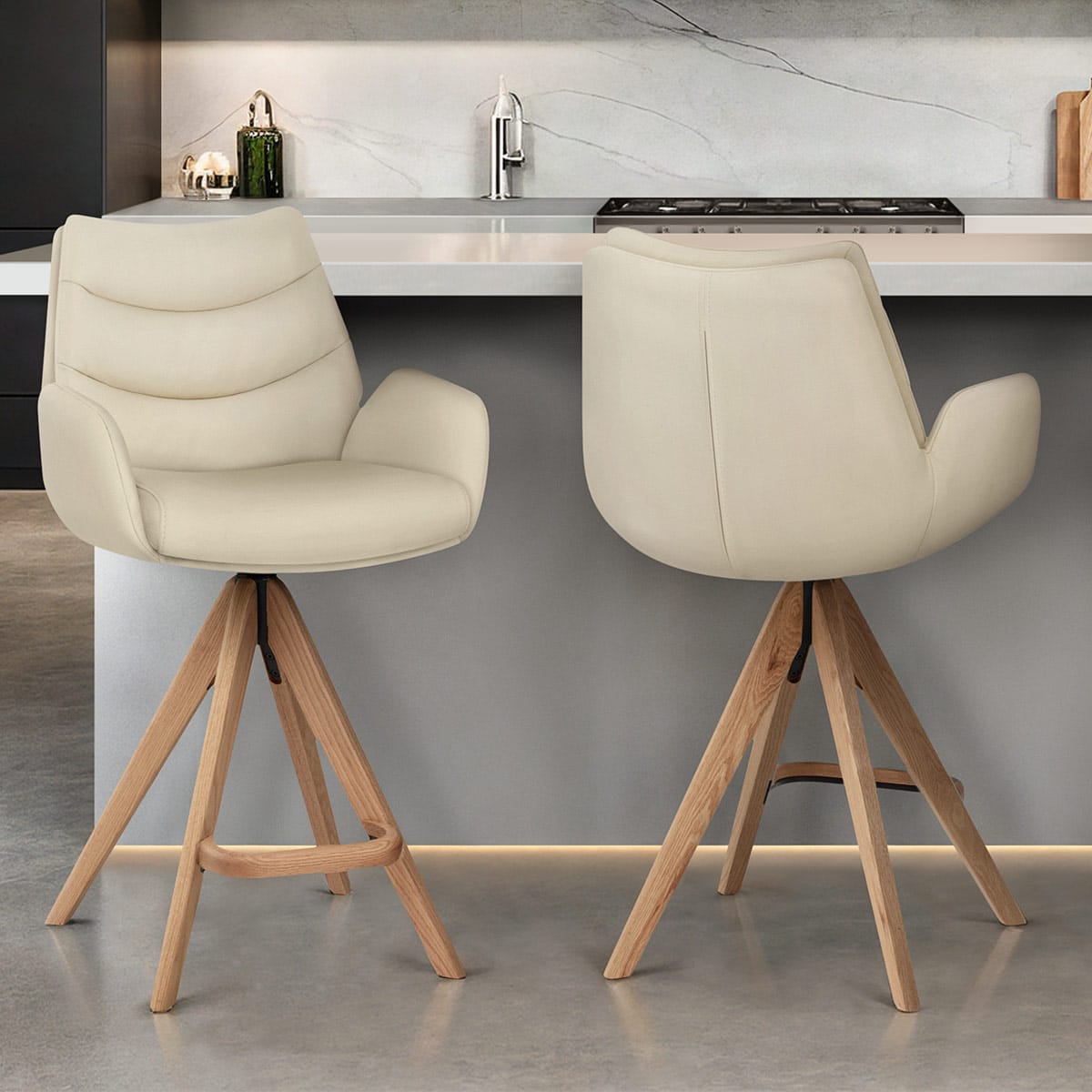 Madrid Real Leather Wooden Stool Cream