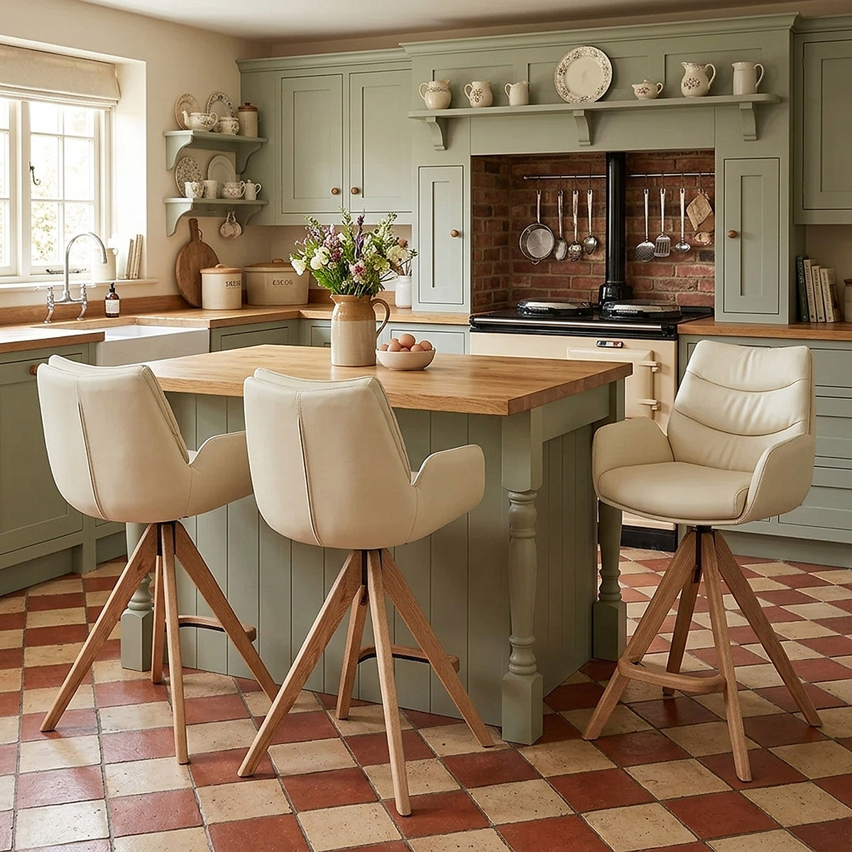 Madrid Real Leather Wooden Stool Cream