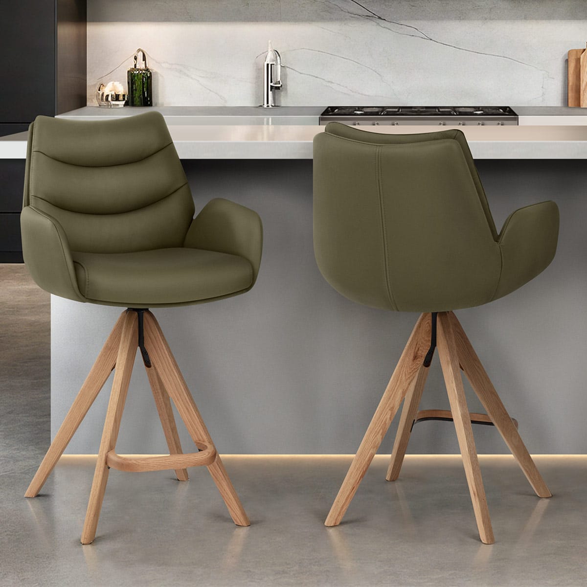 Madrid Real Leather Wooden Stool Green