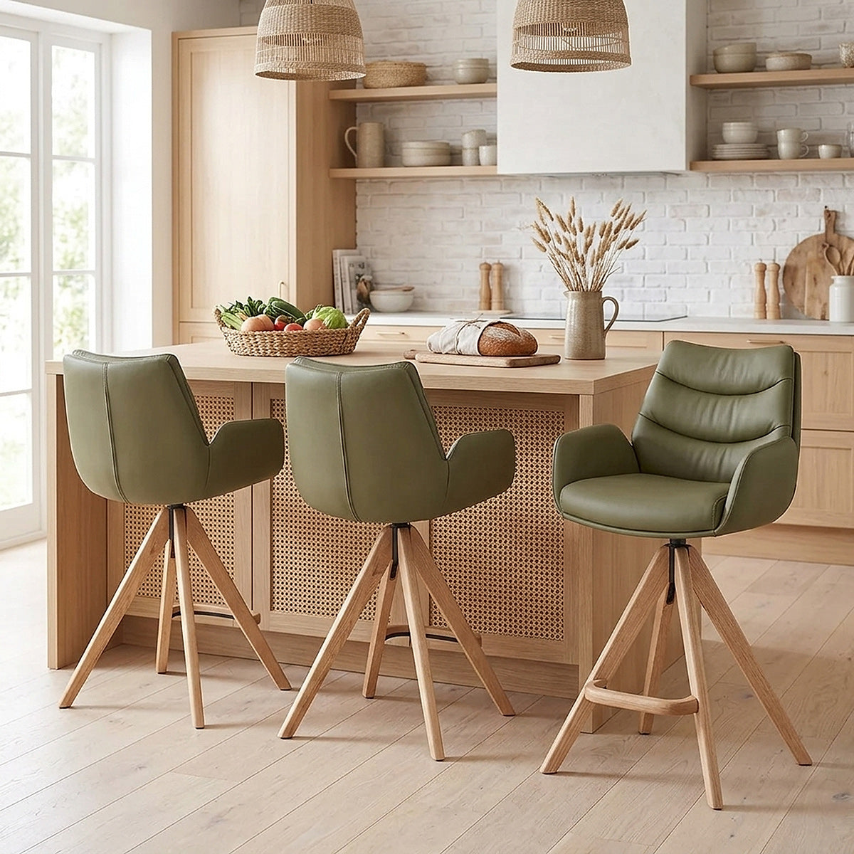 Madrid Real Leather Wooden Stool Green