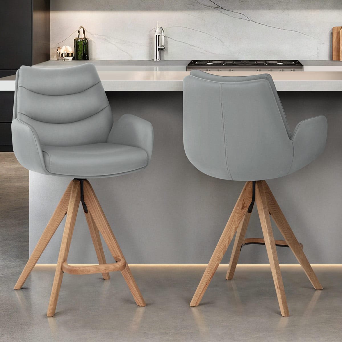 Madrid Real Leather Wooden Stool Grey
