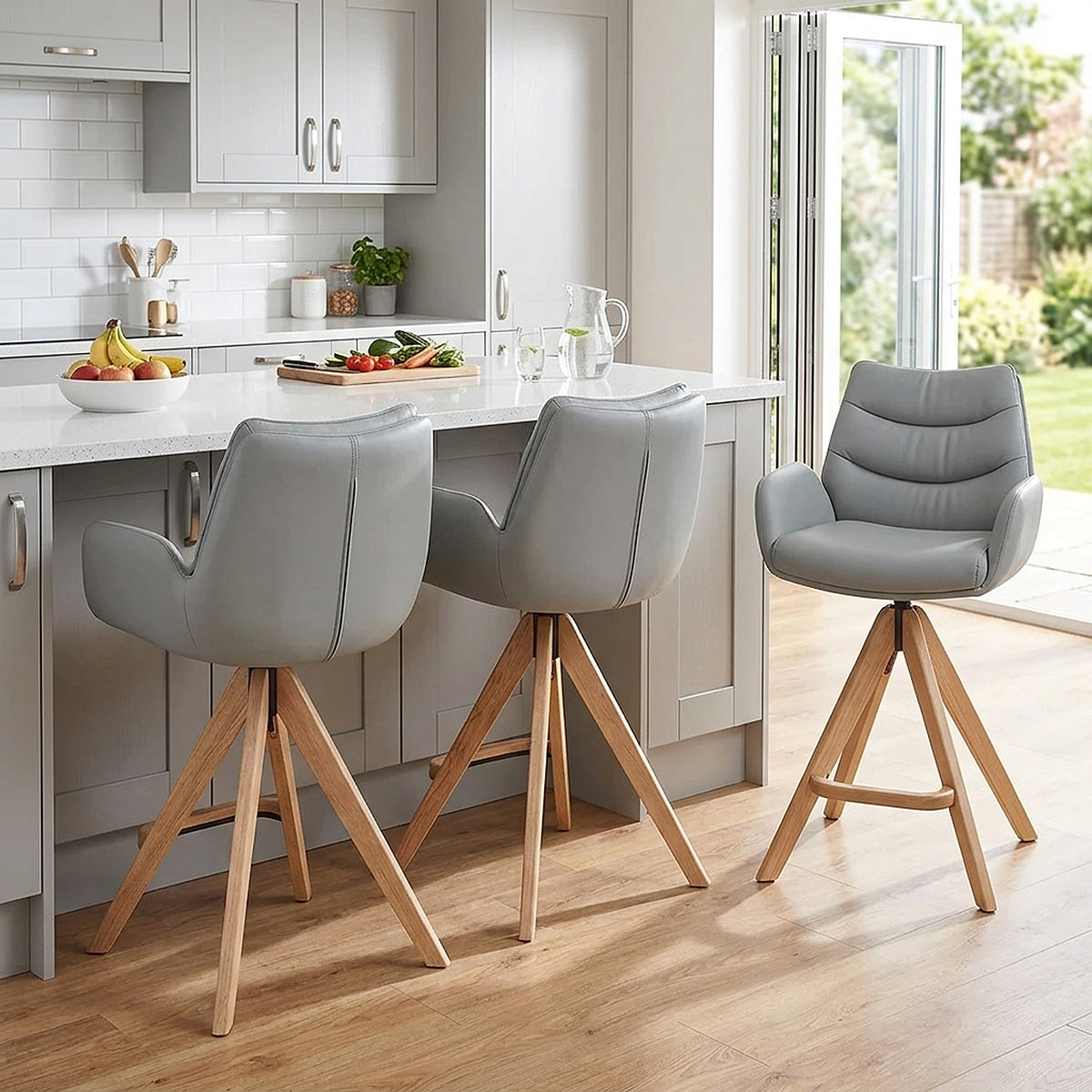Madrid Real Leather Wooden Stool Grey