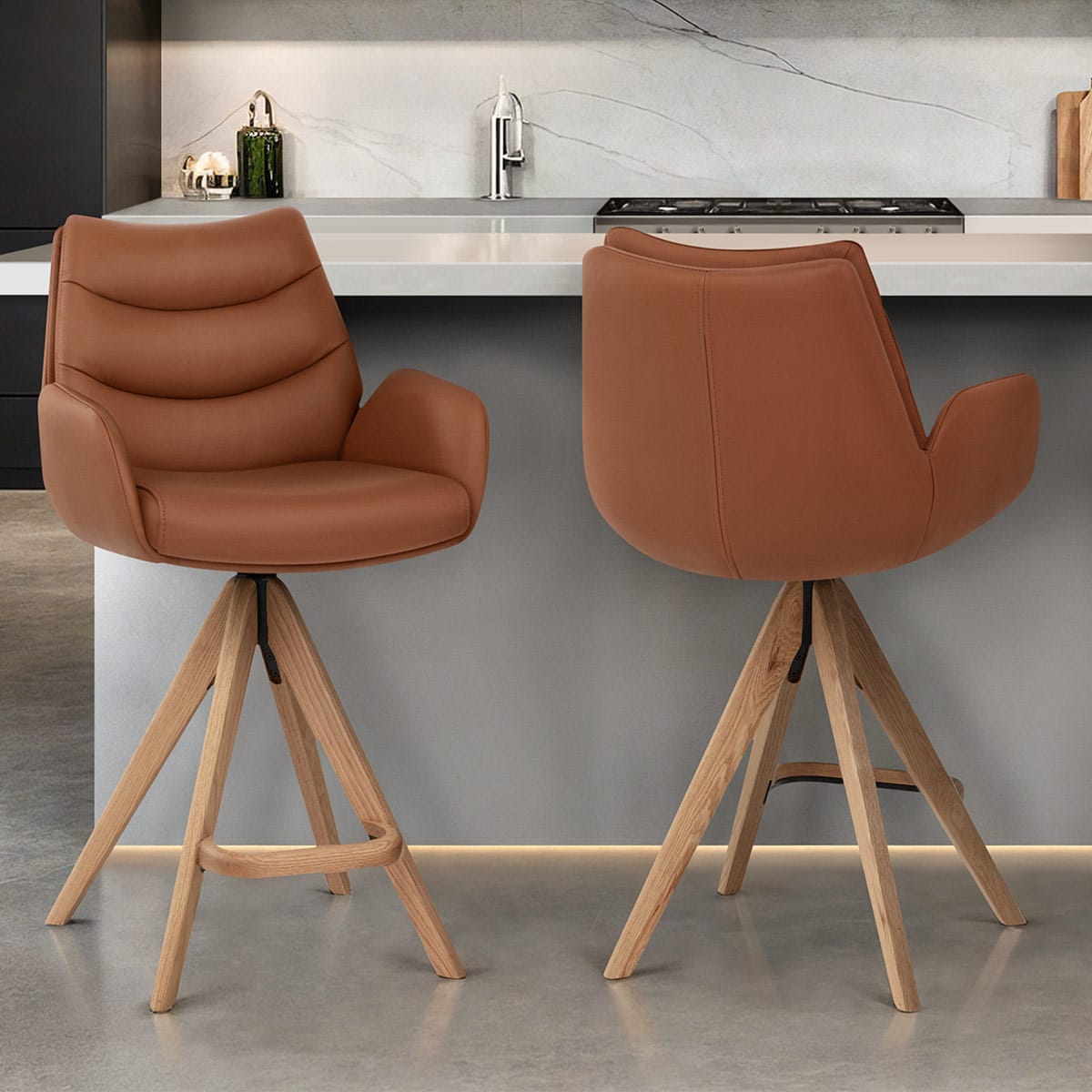 Madrid Real Leather Wooden Stool Tan