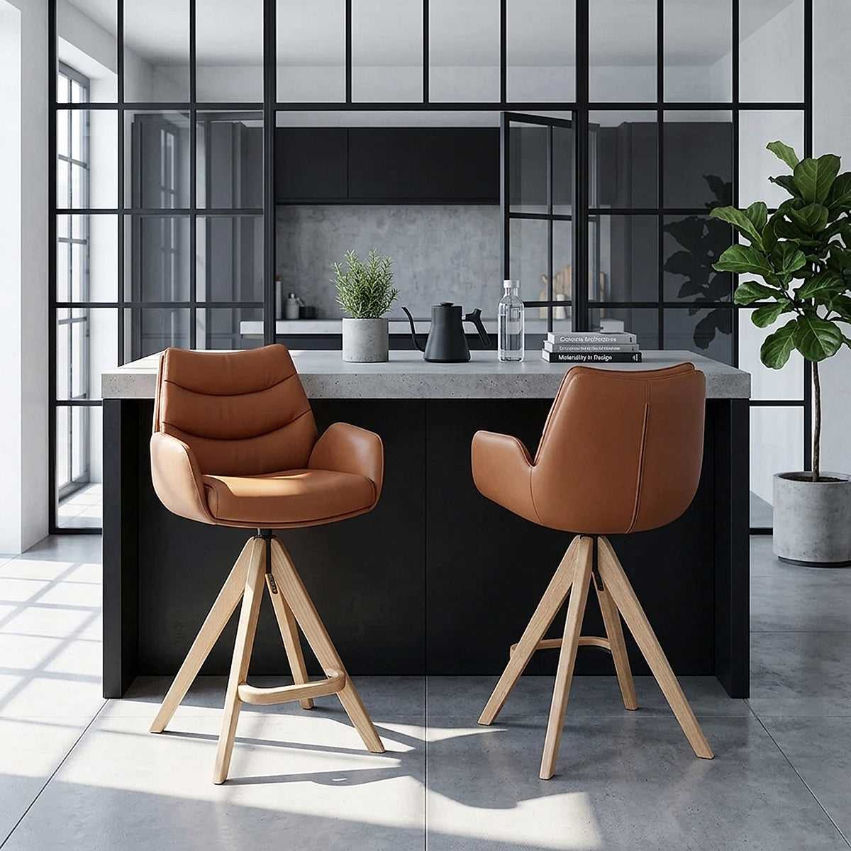 Madrid Real Leather Wooden Stool Tan