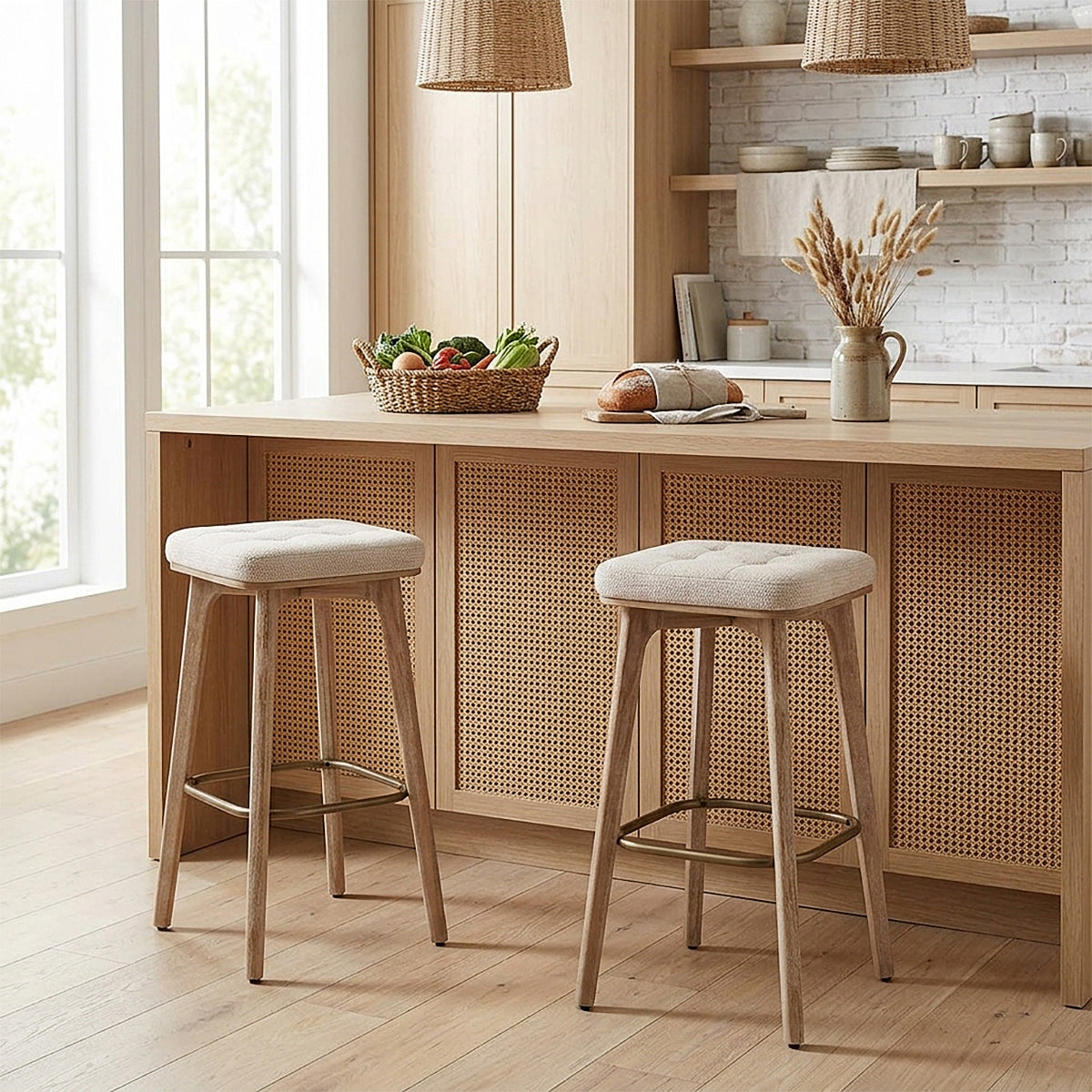 Malmo Oak & Copper Stool Beige Fabric
